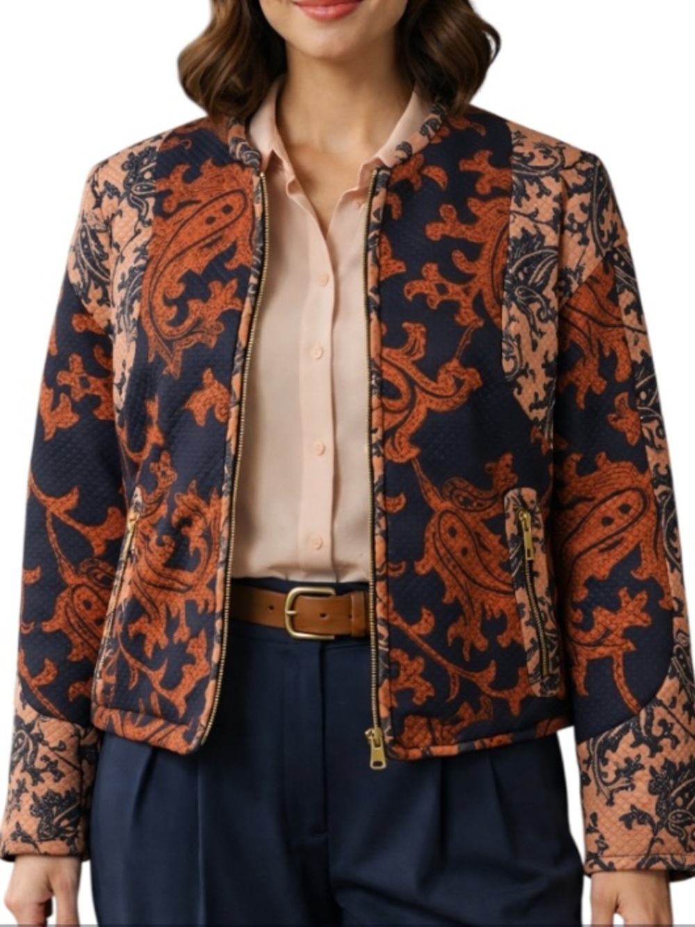 Bomber Jacket Quilted Damask Statement Blazer Baroque VTG Victorian Style 10